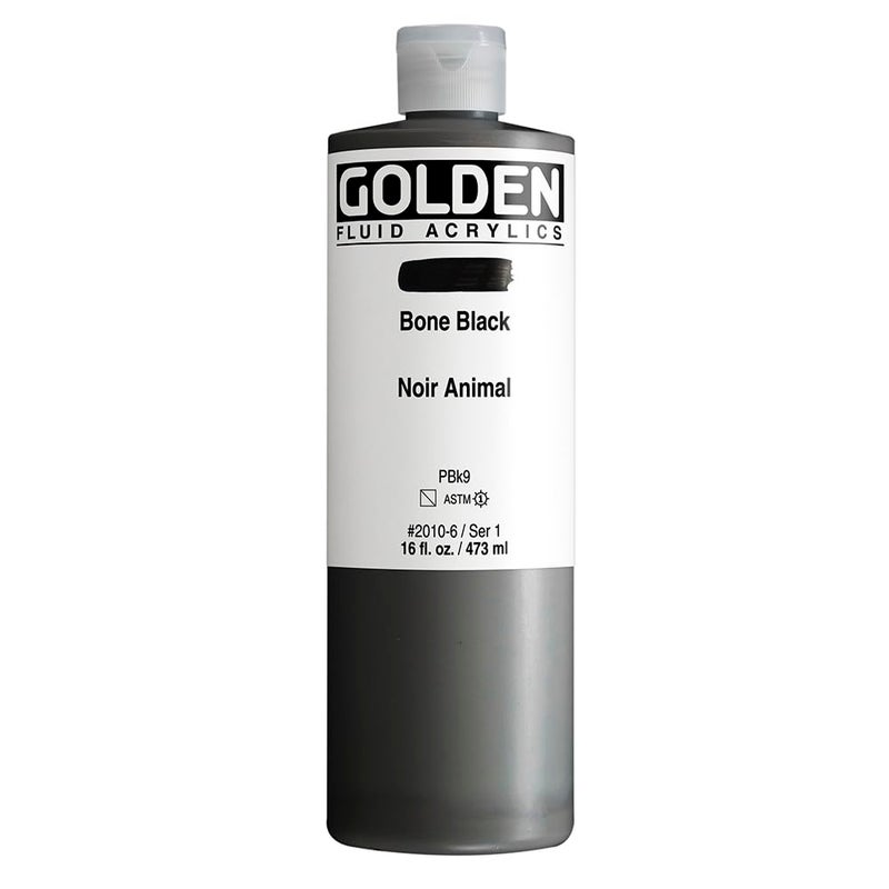GOLDEN Fluid Acrylics, Bone Black, 16 fl. oz. Bottle, Professional Acrylic Paint, Semi-Transparent - Image 1