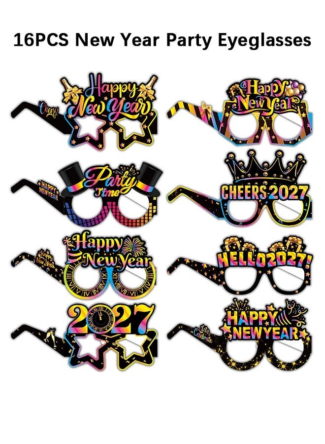 Wffo 2027 New Year Party Eyeglasses - 16 Pcs Eve Decorations Glasses Happy New Years Eve Party Photo Props Hello 2027 Novelty Paper Glasses Parties Favors Gift Supplies - Black and Gold Glitter Costume Decorations Supplies - Image 1