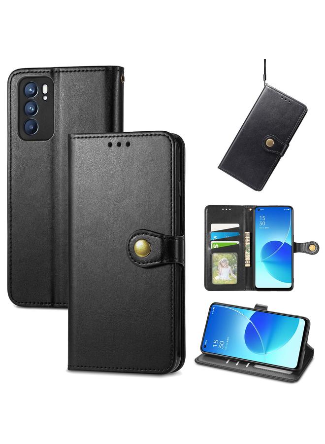 اس-توب جراب لهاتف OPPO Reno6 5G مصنوع من الجلد بلون سادة مع مشبك وحزام وإطار للصور وفتحة للبطاقات ومحفظة ووظيفة الحامل - Image 1