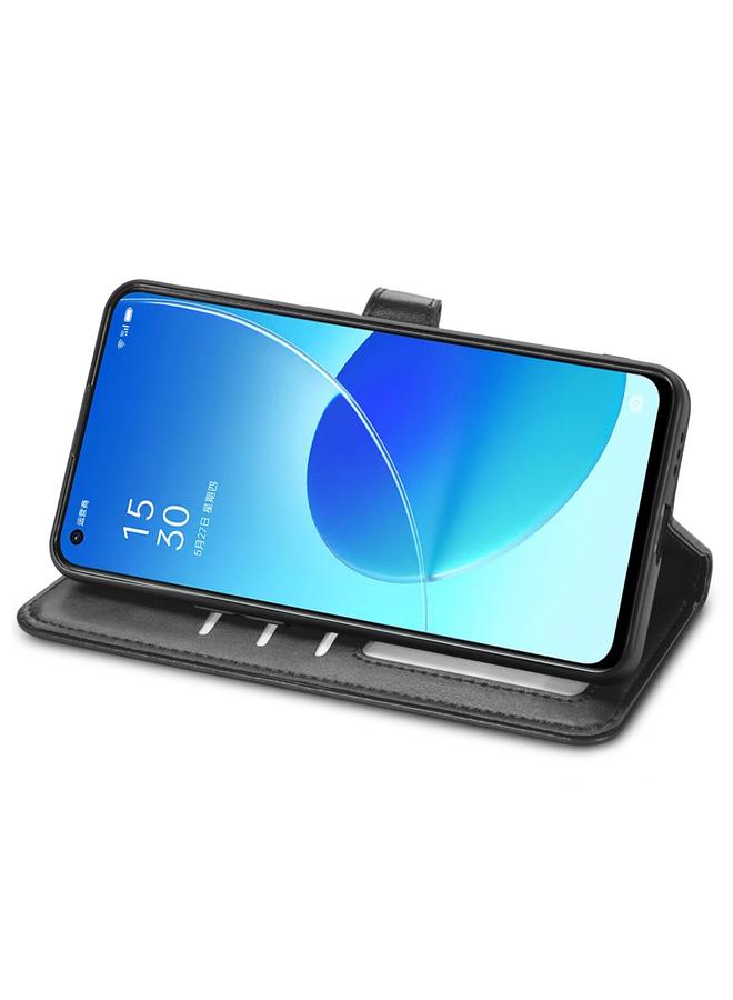 اس-توب جراب لهاتف OPPO Reno6 5G مصنوع من الجلد بلون سادة مع مشبك وحزام وإطار للصور وفتحة للبطاقات ومحفظة ووظيفة الحامل - Image 4