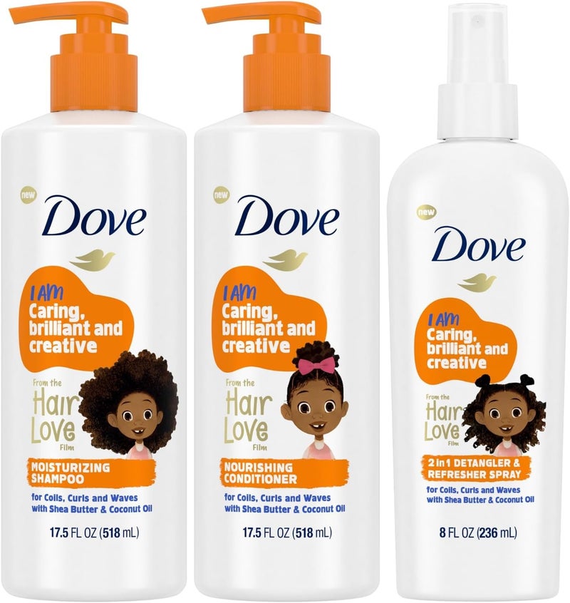 Dove Shampoo and Conditioner Set + Detangler Spray for Kids - Kids Hair Love Collection, Shampoo and Conditioner, Curly and Wavy Hair Products (3 Piece Set) - Image 1