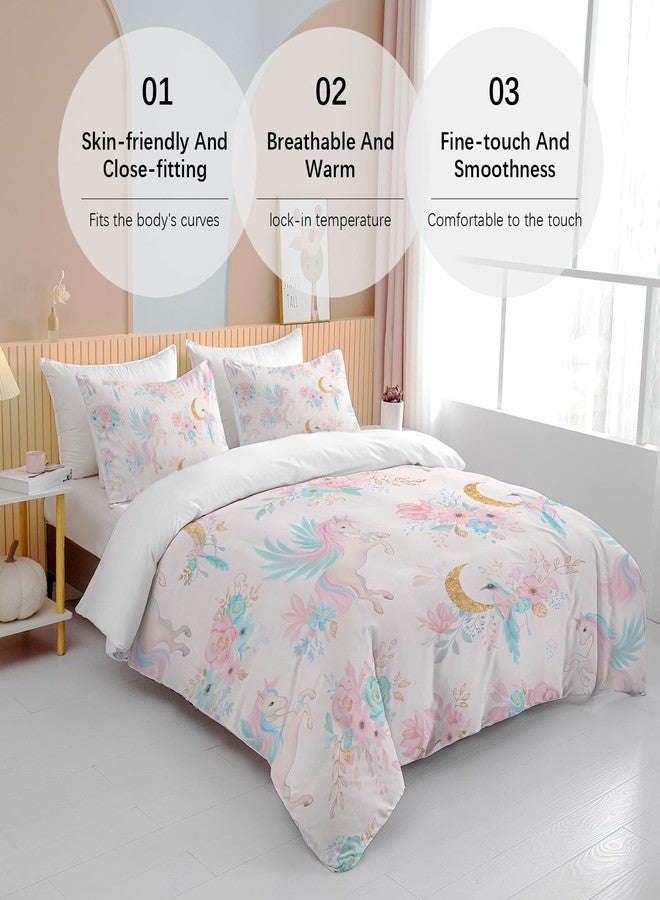 BEDMUST Unicorn Girls Bedding Set Queen - Soft Cute Pink Unicorn Duvet Cover Sets with Flowers and Gold Moon Print Comforter Cover, 3 Piece Unicorn Bed Set Room Decor for Teen Women Aldults - Image 4