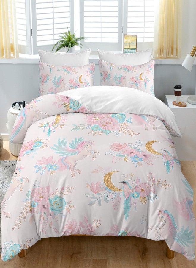BEDMUST Unicorn Girls Bedding Set Queen - Soft Cute Pink Unicorn Duvet Cover Sets with Flowers and Gold Moon Print Comforter Cover, 3 Piece Unicorn Bed Set Room Decor for Teen Women Aldults - Image 1