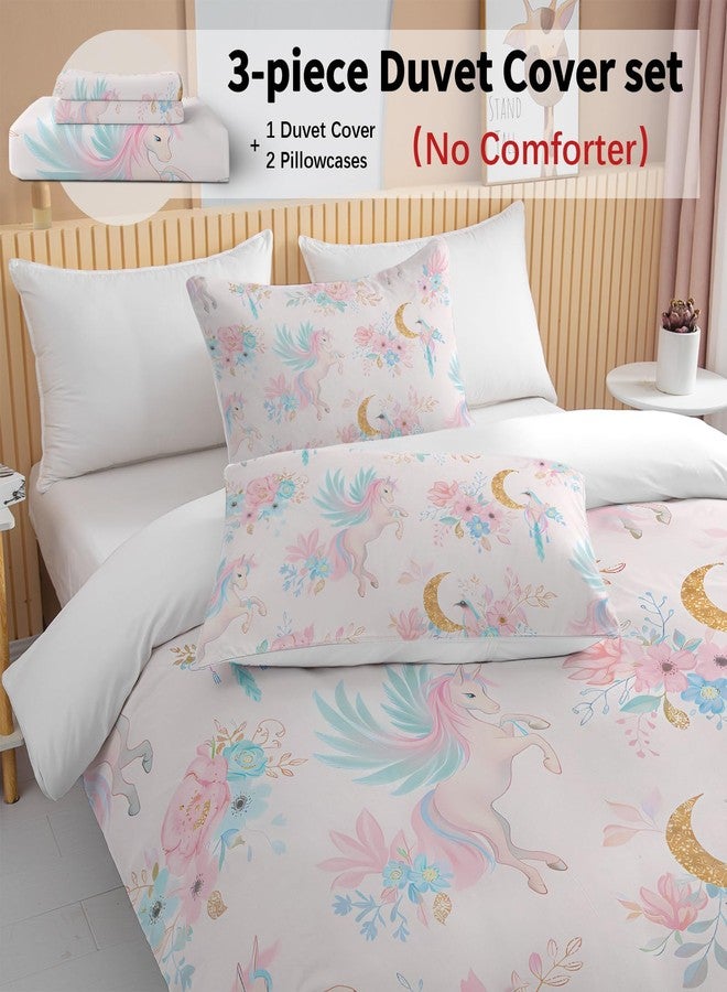 BEDMUST Unicorn Girls Bedding Set Queen - Soft Cute Pink Unicorn Duvet Cover Sets with Flowers and Gold Moon Print Comforter Cover, 3 Piece Unicorn Bed Set Room Decor for Teen Women Aldults - Image 3