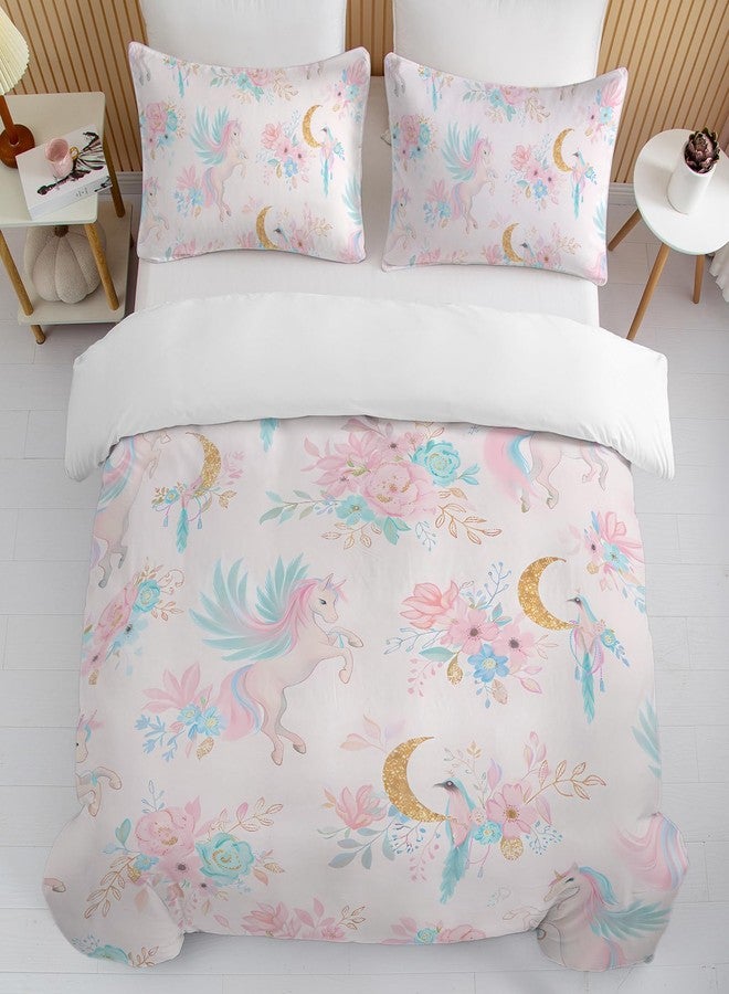 BEDMUST Unicorn Girls Bedding Set Queen - Soft Cute Pink Unicorn Duvet Cover Sets with Flowers and Gold Moon Print Comforter Cover, 3 Piece Unicorn Bed Set Room Decor for Teen Women Aldults - Image 2