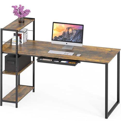 SHW SHW 46Inch Home Office Mission Computer Desk with Side Shelf and Drawer Rustic Brown 