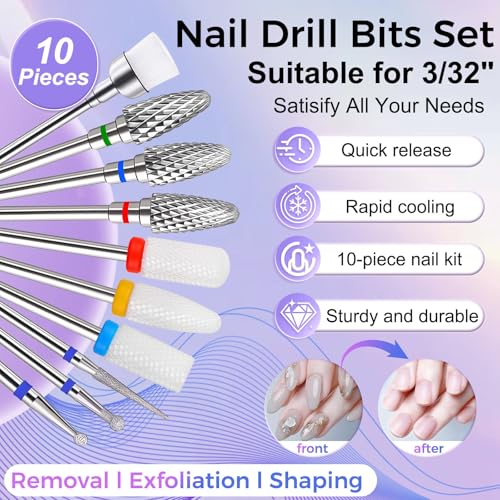 Fantexy 10 Pieces Ceramic Nail Drill Bits, 3/32 Inch Professional Acrylic Nail Bit Set, Nail File Bits Nail Art Tools for Electric Manicure Machine Home Salon Use - Image 2