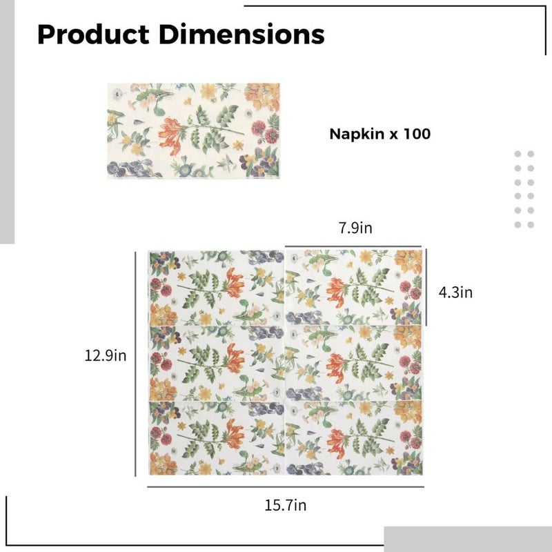 100 Floral Napkins, 12.9 X 15.7 Inches, Decorative Paper Towels, 3 Ply, Flower Garden Blossom Design, Ideal for Weddings, Parties, Bathrooms - Image 4