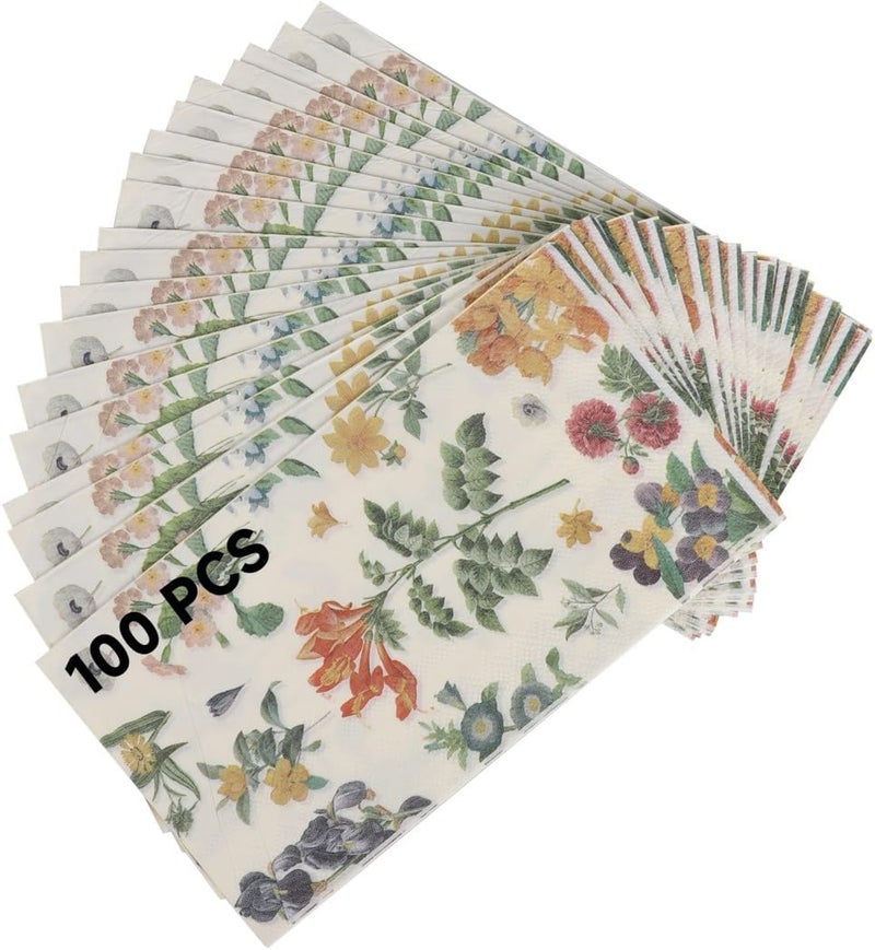 100 Floral Napkins, 12.9 X 15.7 Inches, Decorative Paper Towels, 3 Ply, Flower Garden Blossom Design, Ideal for Weddings, Parties, Bathrooms - Image 1