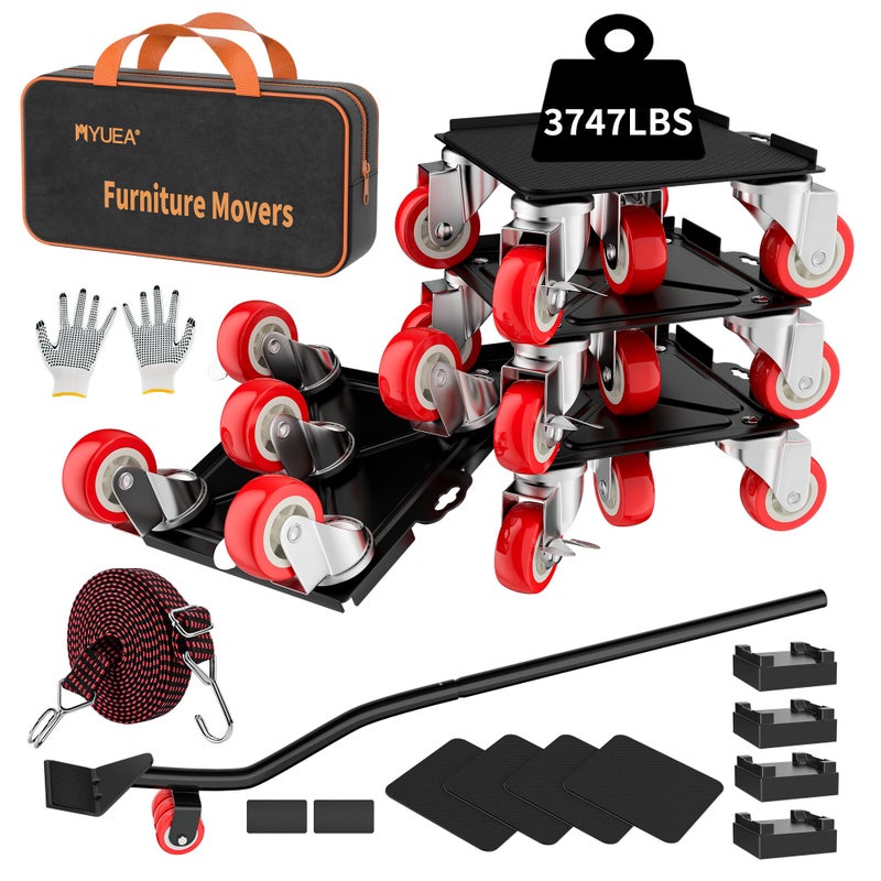 MYUEA Furniture Dolly,Furniture Movers with 5 Wheels,Carbon Steel Panel Heavy Duty Dolly,Maximum Load 3747 LBS,Furniture Lifter with 5 360Â° Rotatable Rubber Universal Wheels(Black,8.26x7.87 in) - Image 1