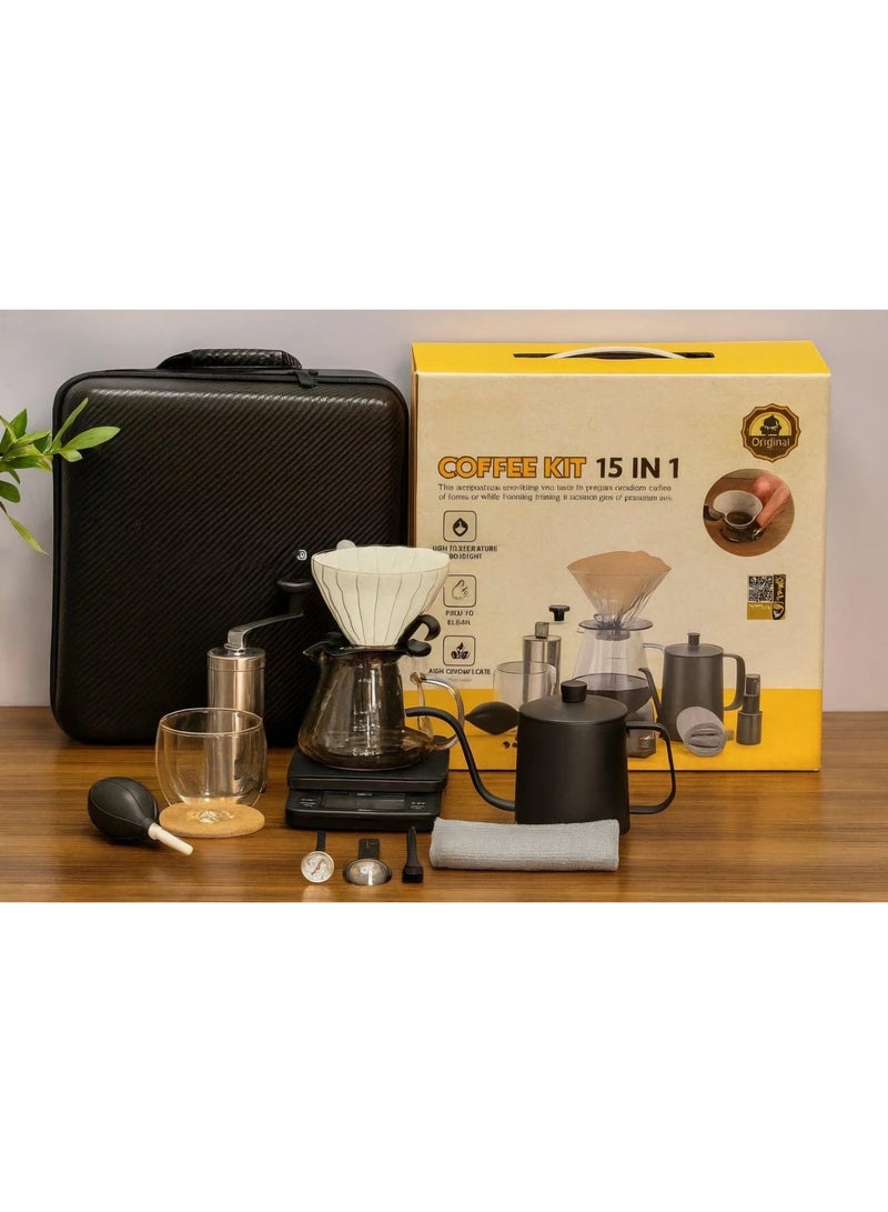 طقم ماكينة تحضير القهوة بالتنقيط V60 - طقم تقطير قهوة مكون من 15 قطعة مع قمع تقطير زجاجي، وكأس تقديم، وحقيبة حمل سعة 600 مل - Image 3