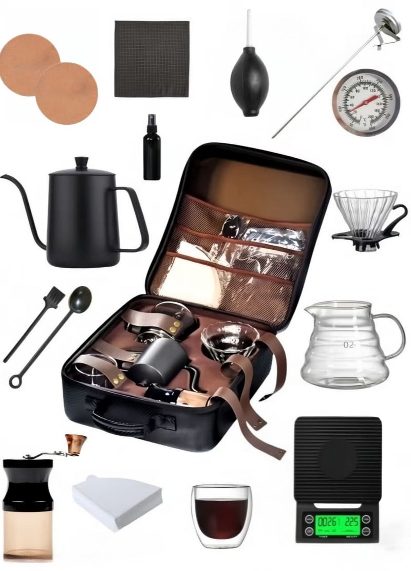 طقم ماكينة تحضير القهوة بالتنقيط V60 - طقم تقطير قهوة مكون من 15 قطعة مع قمع تقطير زجاجي، وكأس تقديم، وحقيبة حمل سعة 600 مل - Image 1