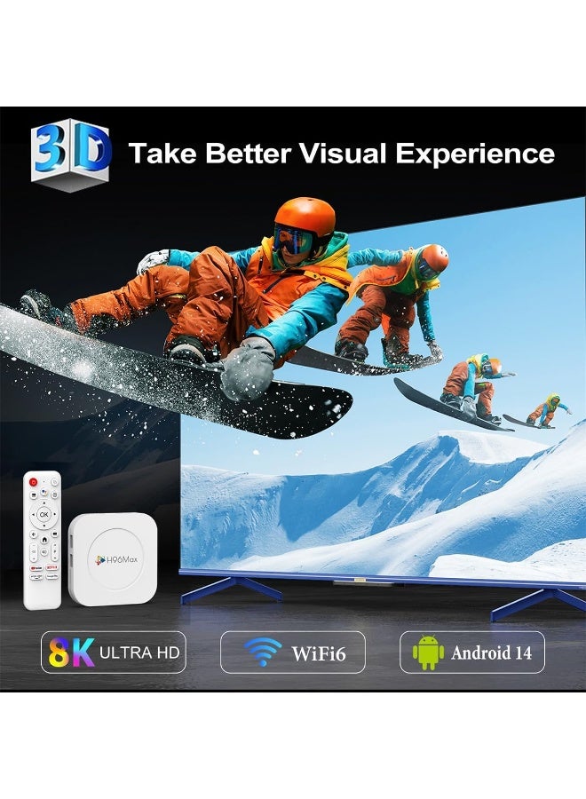 صندوق تلفزيون أندرويد 14.0 2025، جهاز بث M1 Plus 8K Ultra HD للتلفزيون، ذاكرة وصول عشوائي 2 جيجابايت + سعة تخزين داخلية 16 جيجابايت، صندوق تلفزيون ذكي مع HDR10 2.4G/5.8G ثنائي النطاق WiFi 6، BT 5.0، التحكم الصوتي، RK3528 رباعي النواة A53