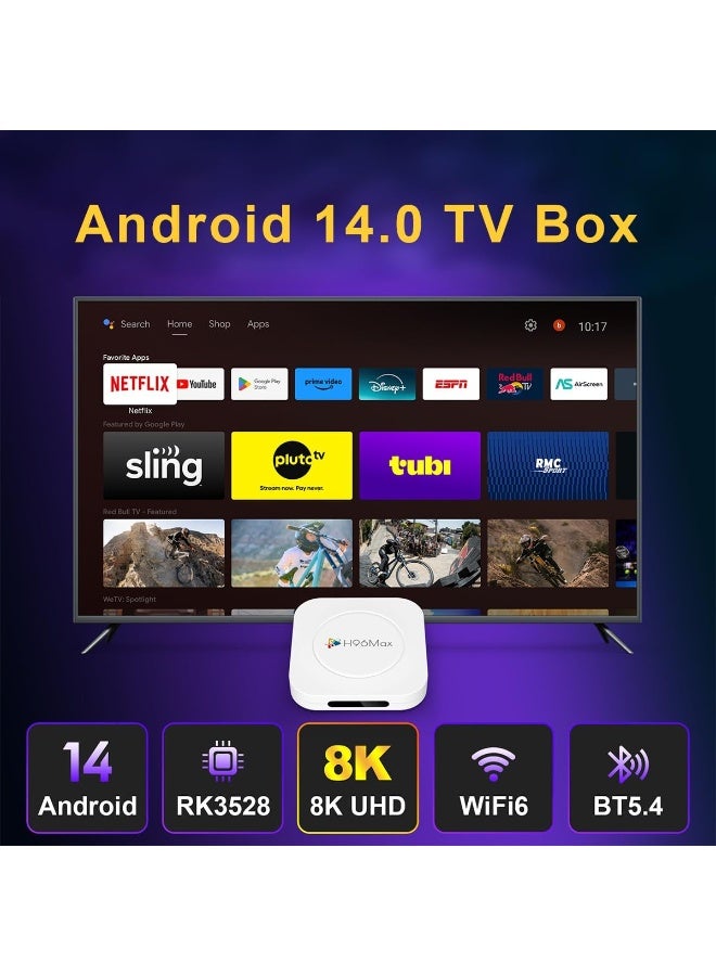 صندوق تلفزيون أندرويد 14.0 2025، جهاز بث M1 Plus 8K Ultra HD للتلفزيون، ذاكرة وصول عشوائي 2 جيجابايت + سعة تخزين داخلية 16 جيجابايت، صندوق تلفزيون ذكي مع HDR10 2.4G/5.8G ثنائي النطاق WiFi 6، BT 5.0، التحكم الصوتي، RK3528 رباعي النواة A53