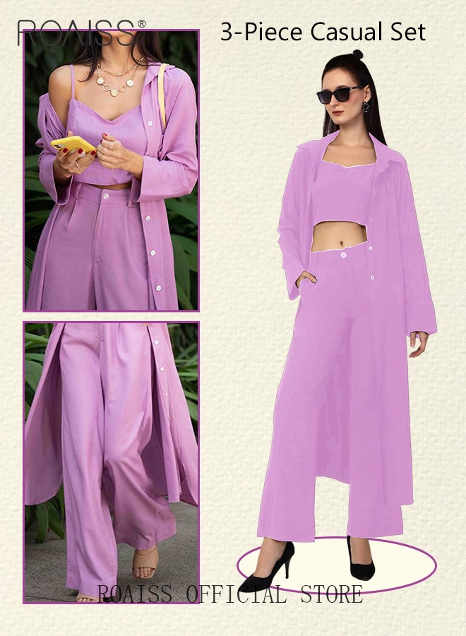 roaiss 3-Piece Set Ladies Fashionable Mid Length Shirt Camisole and Wide Leg Pants Perfect for a Stylish and Versatile Look  - Image 1
