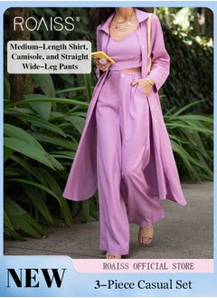 roaiss 3-Piece Set Ladies Fashionable Mid Length Shirt Camisole and Wide Leg Pants Perfect for a Stylish and Versatile Look  - Image 2