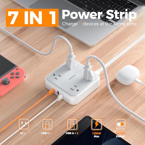 TESSAN Flat Plug Extension Cord 5 Ft, TESSAN Surge Protector Power Strip Ring Pull with 3 USB (1 USB C) 4 Outlets, 900 Joules Protection, Desktop Charging Station for Home, Office, College, Dorm Room - Image 3