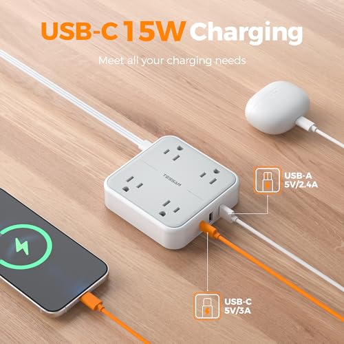 TESSAN Flat Plug Extension Cord 5 Ft, TESSAN Surge Protector Power Strip Ring Pull with 3 USB (1 USB C) 4 Outlets, 900 Joules Protection, Desktop Charging Station for Home, Office, College, Dorm Room - Image 4