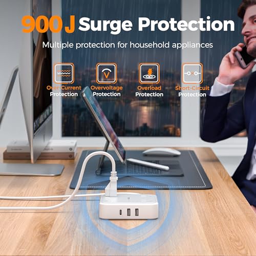 TESSAN Flat Plug Extension Cord 5 Ft, TESSAN Surge Protector Power Strip Ring Pull with 3 USB (1 USB C) 4 Outlets, 900 Joules Protection, Desktop Charging Station for Home, Office, College, Dorm Room - Image 5