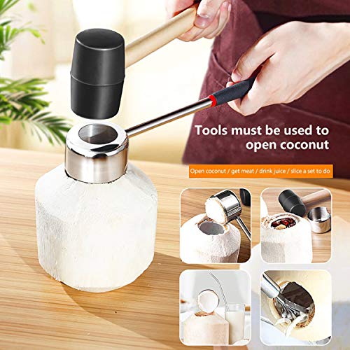 CJFocus Coconut Opener Tool Set, Safe & Easy to Open Young & Mature Coconuts Tool, Food Grade Stainless Steel Coco Nut Opener Kit with Rubber Mallet Meat Removal, Scraper, Straw & Silicone Mat, ALL IN ONE Bag - Image 3