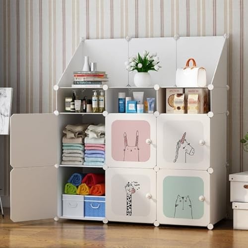 EXVITO Kids Portable DIY Cartoon Giraffe Wardrobe | Multi-Shelf Foldable Almirah for Baby Clothes Storage | 6+3 Door Plastic Kids Cupboard with Hanging Space & Drawers | Storage Organizer - White - Image 1