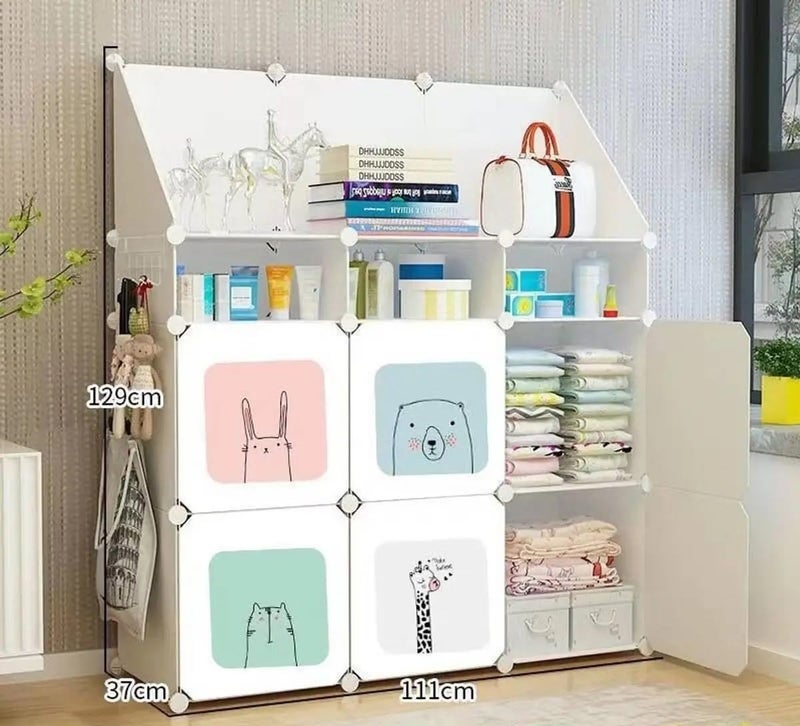 EXVITO Kids Portable DIY Cartoon Giraffe Wardrobe | Multi-Shelf Foldable Almirah for Baby Clothes Storage | 6+3 Door Plastic Kids Cupboard with Hanging Space & Drawers | Storage Organizer - White - Image 2
