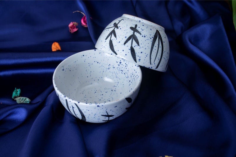 Caffeine Ceramic Handmade White Bamboo Dessert Bowl (Set of 6, 150 ml) - Image 1