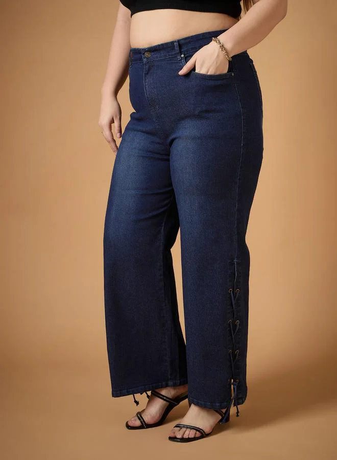 SASSAFRAS Plus Size Mid Rise Side Knot Straight Fit Jeans by Styli