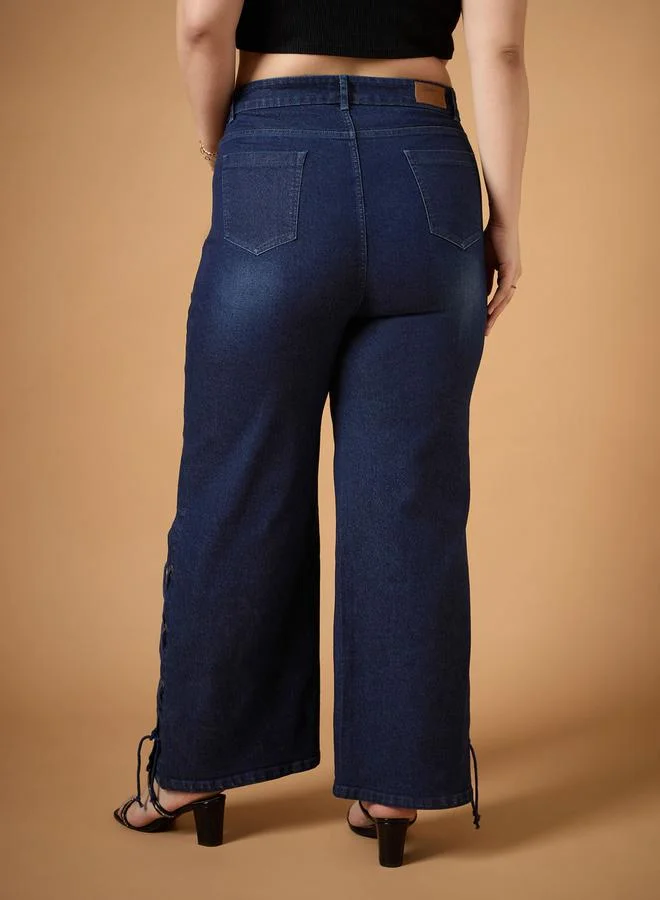 SASSAFRAS Plus Size Mid Rise Side Knot Straight Fit Jeans by Styli