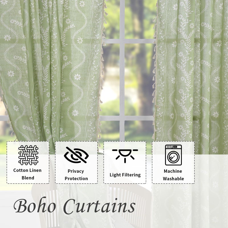 Schweek Sage Green Curtains for Living Room, Boho Semi Sheer Floral Curtains 84 Inches Length 2 Panels, Vintage Farmhouse Printed Patterned Tassels Country Curtain Drapes - Image 4