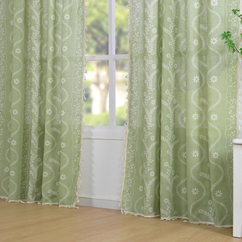Schweek Sage Green Curtains for Living Room, Boho Semi Sheer Floral Curtains 84 Inches Length 2 Panels, Vintage Farmhouse Printed Patterned Tassels Country Curtain Drapes - Image 2