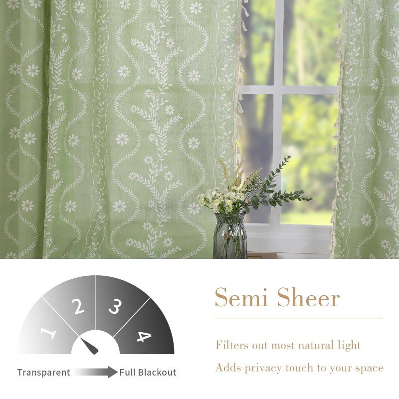 Schweek Sage Green Curtains for Living Room, Boho Semi Sheer Floral Curtains 84 Inches Length 2 Panels, Vintage Farmhouse Printed Patterned Tassels Country Curtain Drapes - Image 3