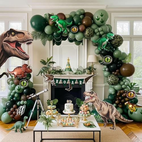 kozee Dinosaur Birthday Party Decorations hunter Green black brown balloon arch kit with mini dino Foil balloons ROAR Banner Dinosaur eye stickers for jungle adventure Boy Scouts three rex Jurassic Supplies - Image 1