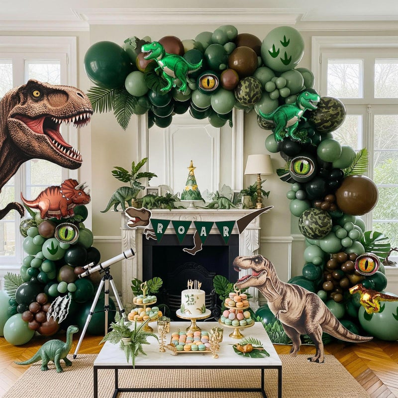 kozee Dinosaur Birthday Party Decorations hunter Green black brown balloon arch kit with mini dino Foil balloons ROAR Banner Dinosaur eye stickers for jungle adventure Boy Scouts three rex Jurassic Supplies - Image 2