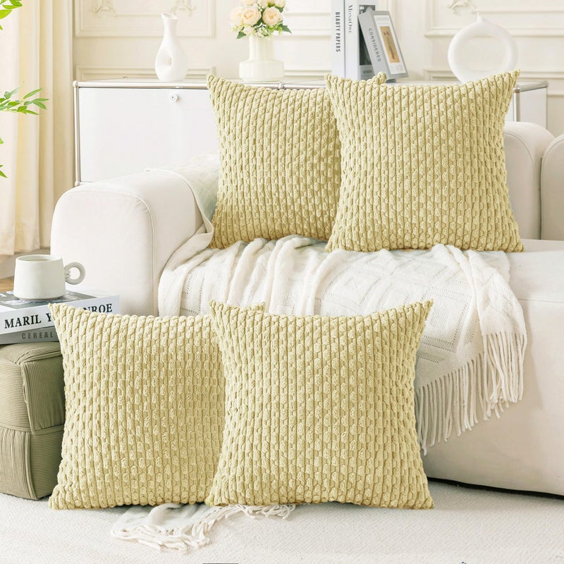 Cozoomy Set of 4 Pale Yellow Decorative Throw Pillow Covers 18x18 Inch Corduroy Pillow Covers for Bed Couch Sofa Living Room Soft Square Cushion Cases