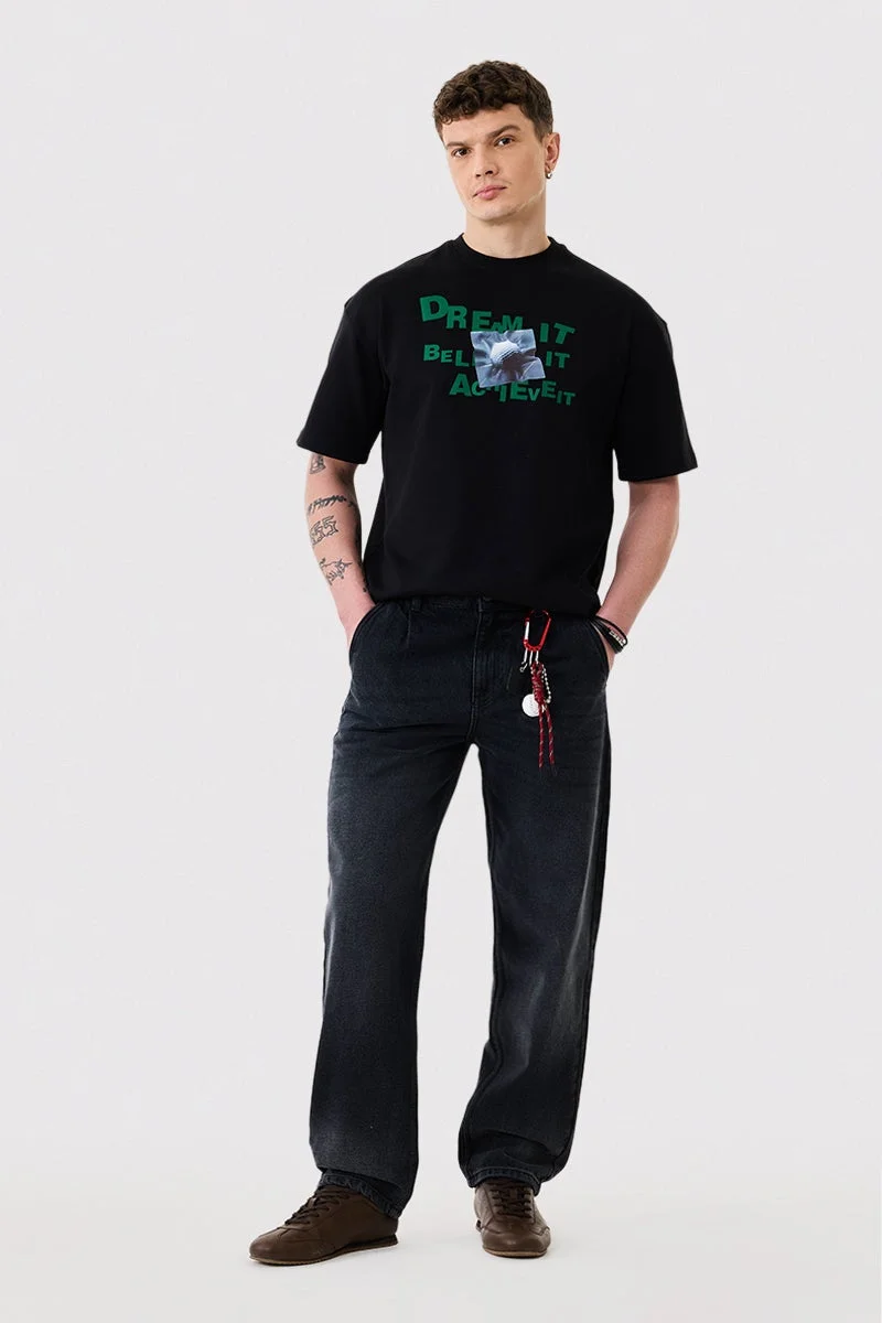 سنيتش Black Graphic Half Sleeve Oversized Streetwear T-Shirt