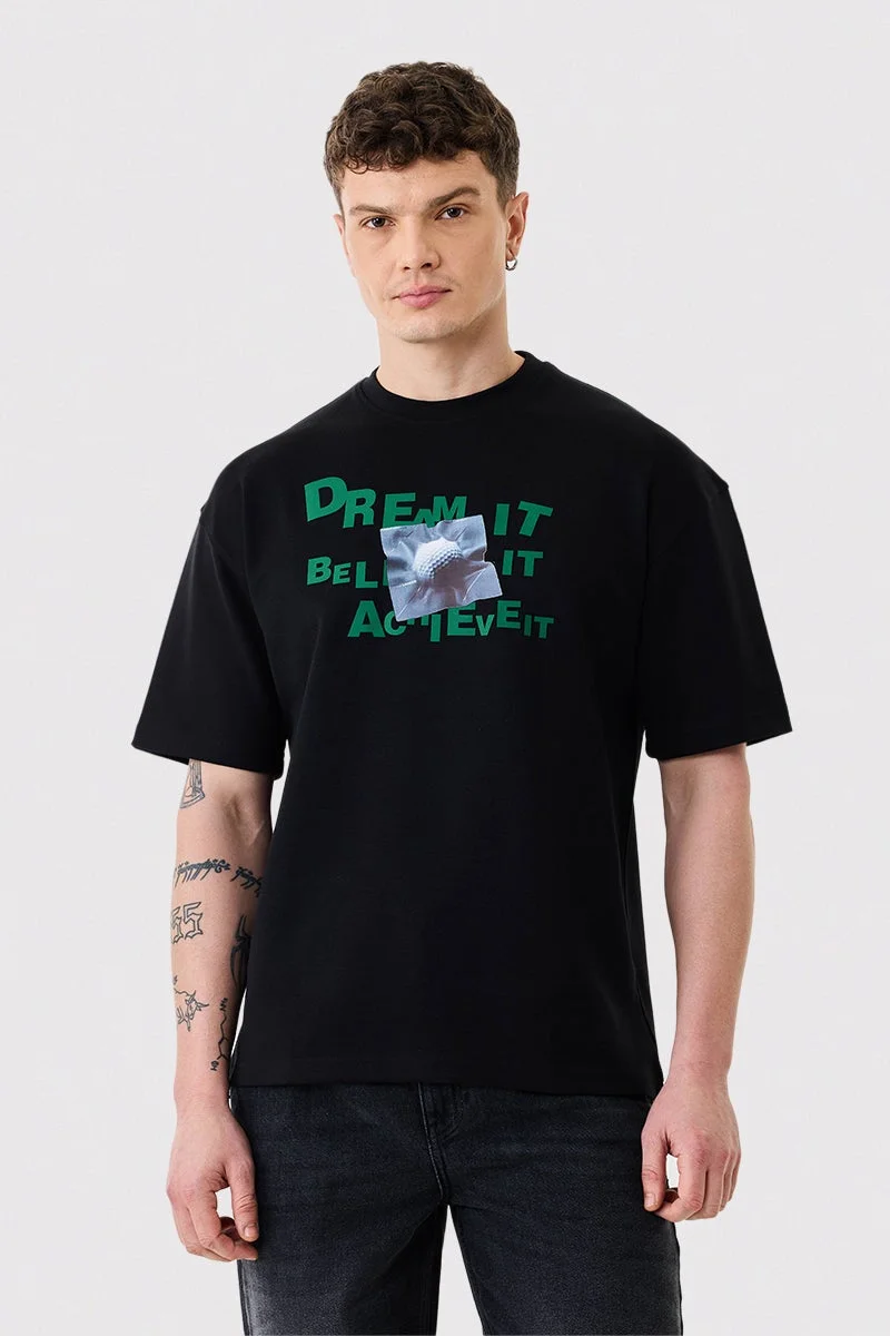 سنيتش Black Graphic Half Sleeve Oversized Streetwear T-Shirt