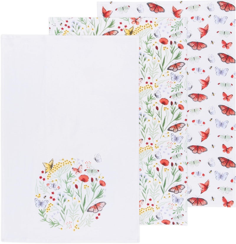 Now Designs Kitchen Towels Set/3 Assorted, Morning Meadow Butterfly, W20 x L30in, Absorbent Dish Cloths - Image 1