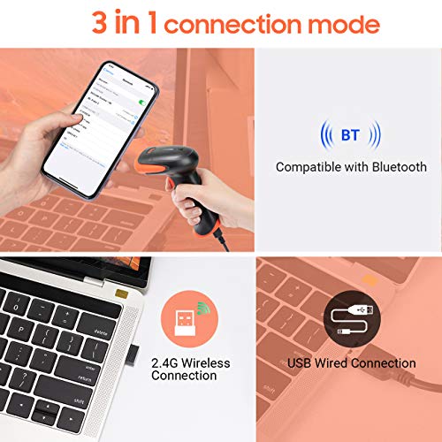 Tera Wireless 2D QR Barcode Scanner with Stand, 3 in 1 Compatible with Bluetooth & 2.4GHz Wireless & USB Wired Barcode Reader Handheld Bar Code Reader HW0001 - Image 2