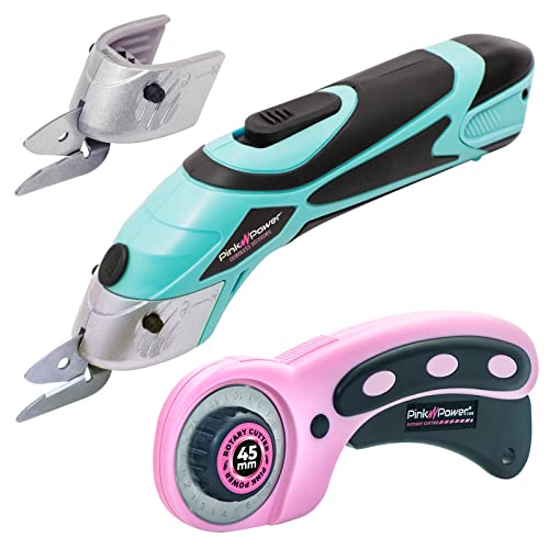 Pink Power Electric Fabric Scissors for Crafts, Sewing, Cardboard, Carpet & Scrapbooking - Heavy Duty Cutting Tool, Automatic Cordless Electric Scissors Fabric Cutter & Rotary Cutter Set (Aqua Splash) - Image 1