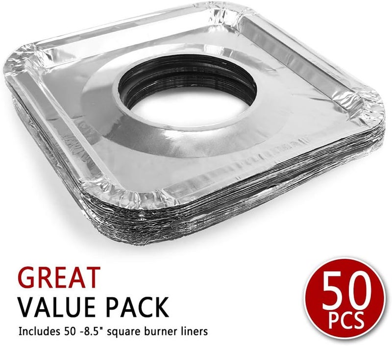 FASOTY Aluminum Foil Gas Stove Burner Liners, 50 Pack Stove Burner Covers Disposable Square Stove Bib Liners Gas Rangetop Protectors Cooktop Replacement Keep Stove Clean Square 8.5" - Image 2