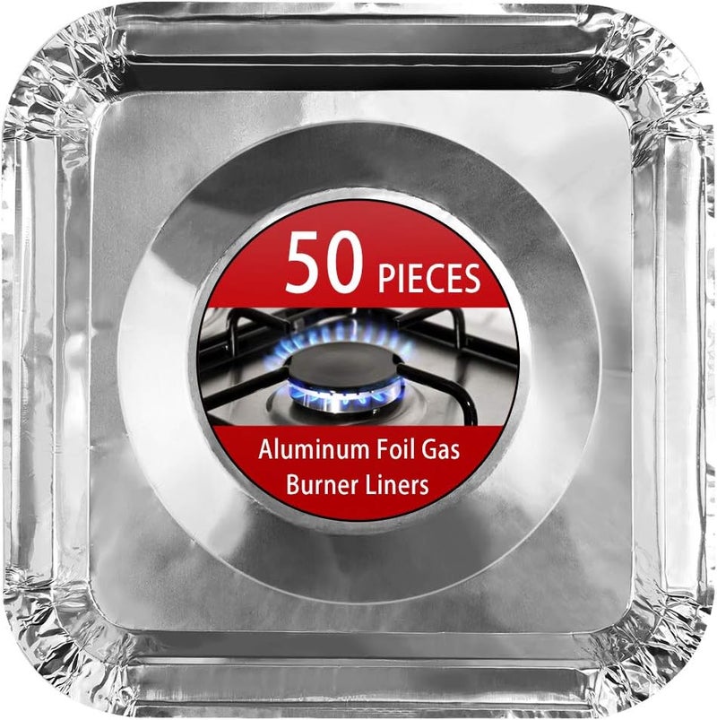 FASOTY Aluminum Foil Gas Stove Burner Liners, 50 Pack Stove Burner Covers Disposable Square Stove Bib Liners Gas Rangetop Protectors Cooktop Replacement Keep Stove Clean Square 8.5" - Image 1