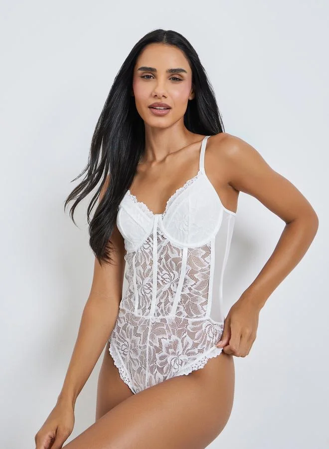 Styli White Floral Lace Padded Wired Bodysuit