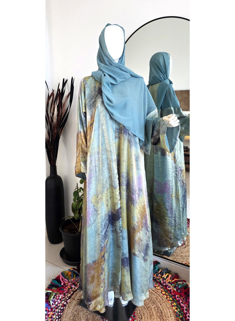 طقم عباية نسائية بطبعة معدنية وأكمام طويلة مع شيلة مطابقة - أزرق فاتح - Image 2