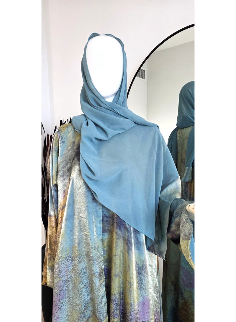 طقم عباية نسائية بطبعة معدنية وأكمام طويلة مع شيلة مطابقة - أزرق فاتح - Image 3