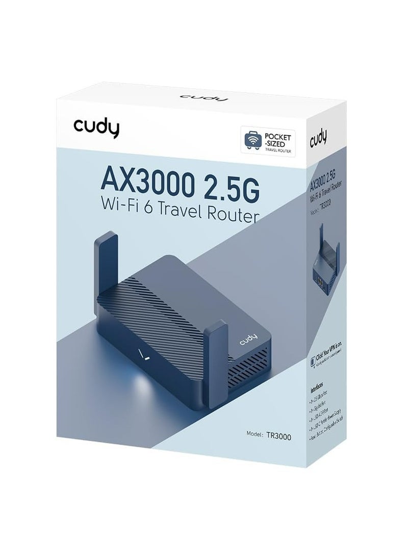 cudy - Cudy AX3000 Pocket-Sized Wi-Fi 6 Gigabit Travel Router,2.5Gbps RJ45 Ethernet Port, Extender/Repeater for Hotel&Public Network, WISP, VPN Client and Server, USB 3.0,TR3000 - Image 1