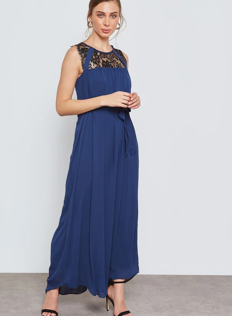 ELLA Lace Yoke Self Tie Maxi Dress