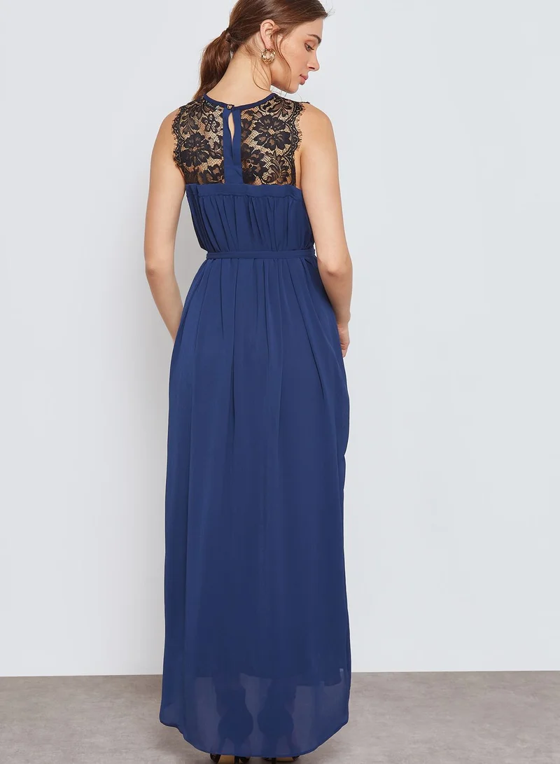 ELLA Lace Yoke Self Tie Maxi Dress