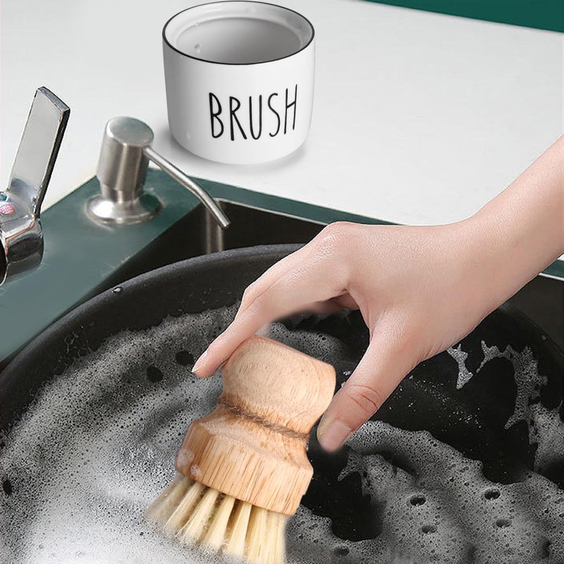 ONTUBE Ceramic Dish Brush Holder, Farmhouse Scrub Brush Holder Dishwashing Brush Stand, Soap Dispensing Kitchen Brushes Holder (White) - Image 4