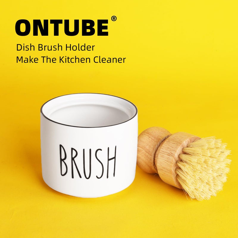 ONTUBE Ceramic Dish Brush Holder, Farmhouse Scrub Brush Holder Dishwashing Brush Stand, Soap Dispensing Kitchen Brushes Holder (White) - Image 2